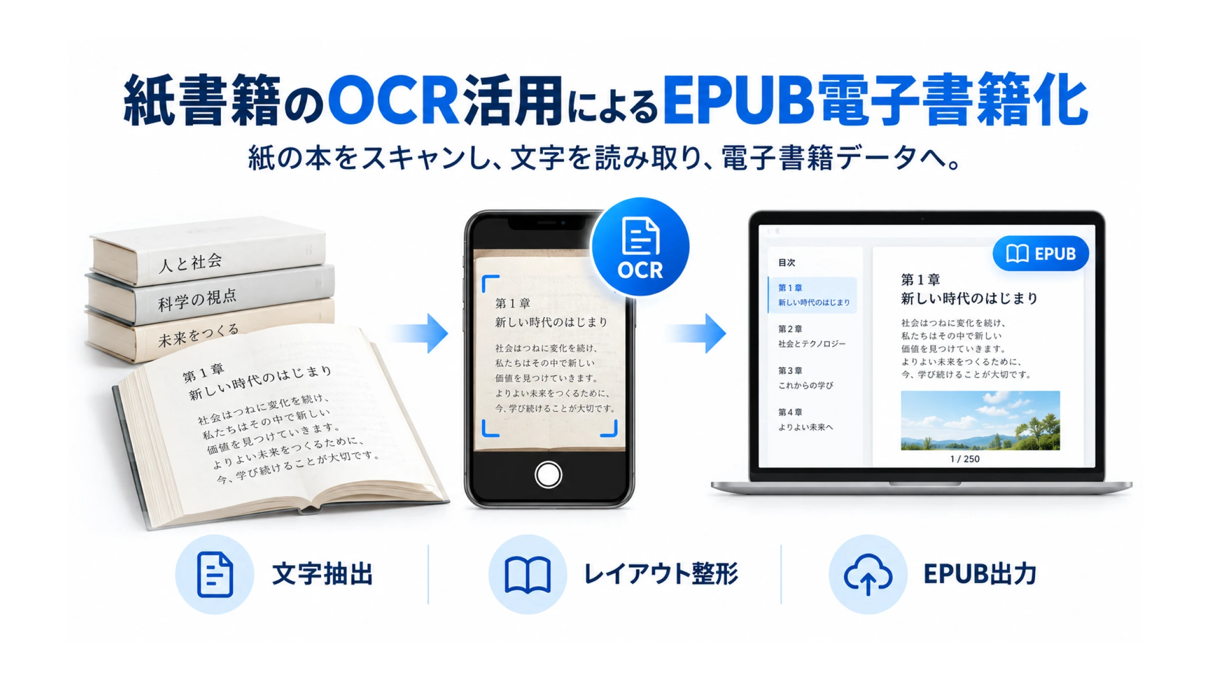 紙書籍をOCR活用でEPUB電子書籍に変換