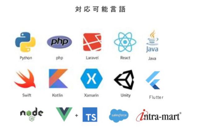 対応可能言語は、Python、PHP、Laravel、React、Java、Swift、Kotlin、Xamarin、Unity、Flutter、Node.js、Vue.js + TypeScript、Salesforce、Intra-mart、など。