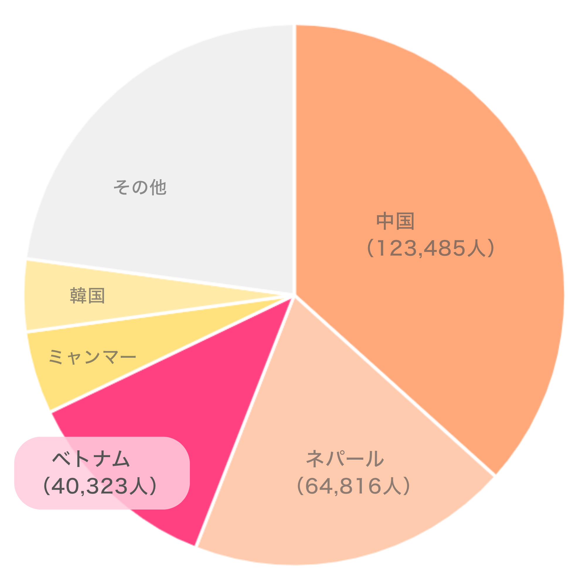 国地域別留学生数上位5か国、中国123,485人、ネパール64,816人、ベトナム40,323人、ミャンマー16,596人、韓国14,579人