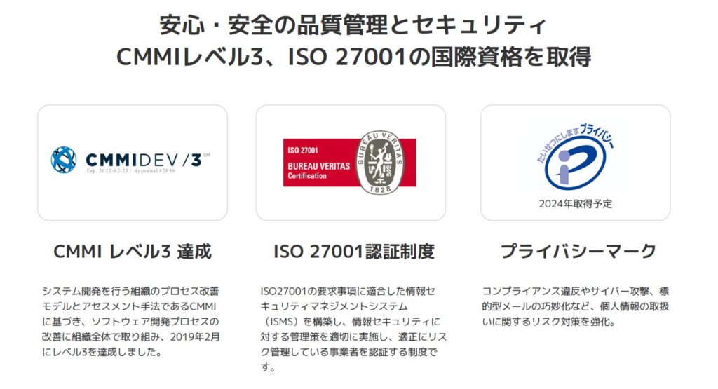 CMMIレベル3、ISO27001認証、プライバシーマークなど取得しており、安心・安全の品質管理とセキュリティを誇りに、万全の体制で開発しております。